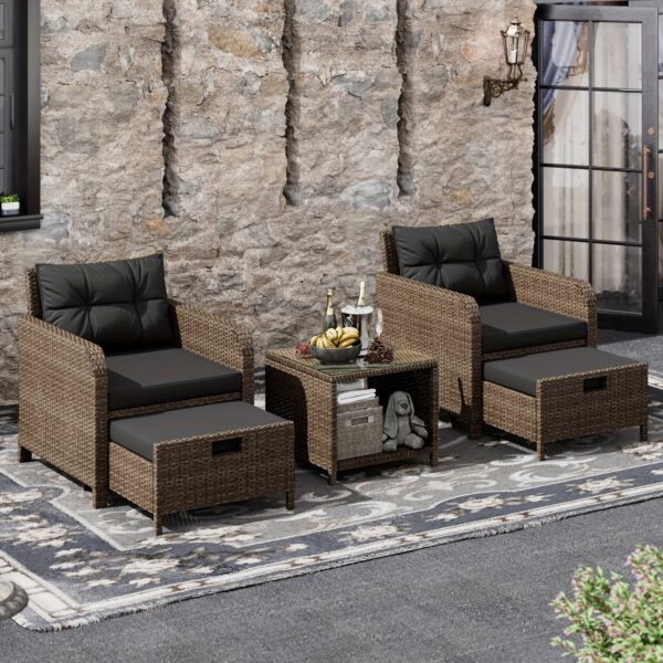 [Outdoor Lounge Chairs] 5pcs PE Wicker Rattan Patio Conversation Set | Balcony Furniture with Soft Cushions, 2 Ottoman, Glass Table for Porch - Image 6