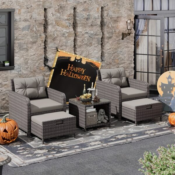 [Outdoor Lounge Chairs] 5pcs PE Wicker Rattan Patio Conversation Set | Balcony Furniture with Soft Cushions, 2 Ottoman, Glass Table for Porch - Image 5