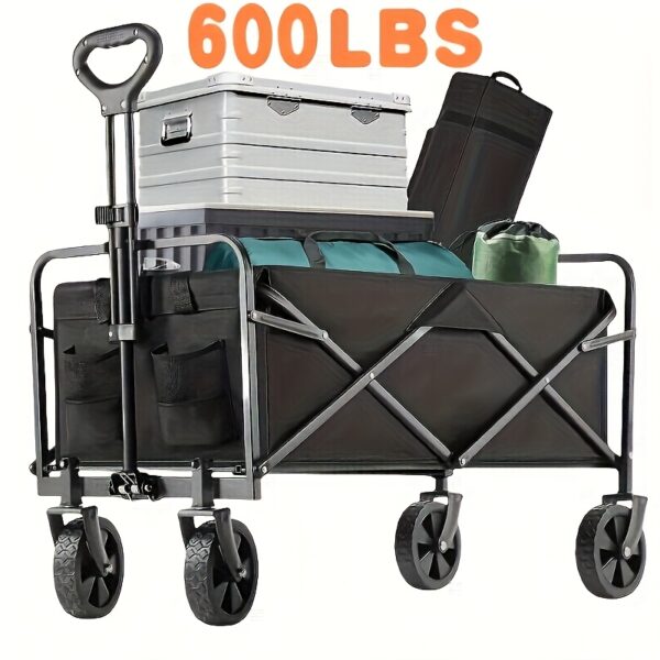 [Heavy Duty Hand Truck] 1pc Heavy Duty Foldable Hand Truck | 330/450/600 lbs Load Capacity, All-terrain Wheels, 27.56'' Interior Space | Great for BBQ, Outdoor Activities, Pet Transport, Beach, Lawn, Camping and Shopping - Black - Image 7