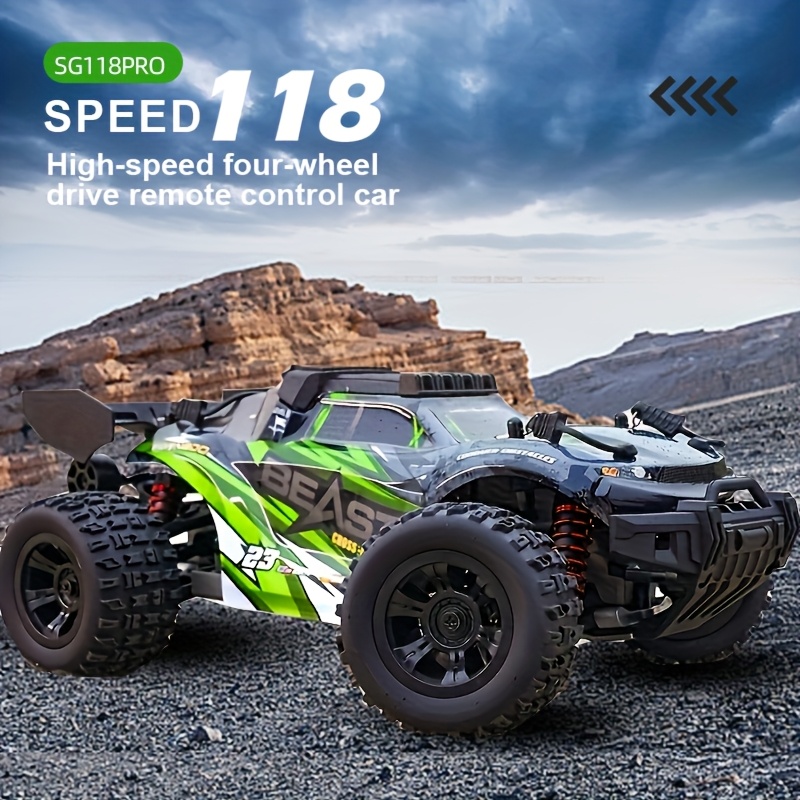 4WD High-Speed RC Off-Roader | 35KM/H Stunt Toy Car With Wheelie Bar & Adjustable LED Lights | 1:18 Scale Model | 7.4V Long-Life Battery | All-Terrain RC Truck For Adults & Kids - Outdoor Gift - Image 5