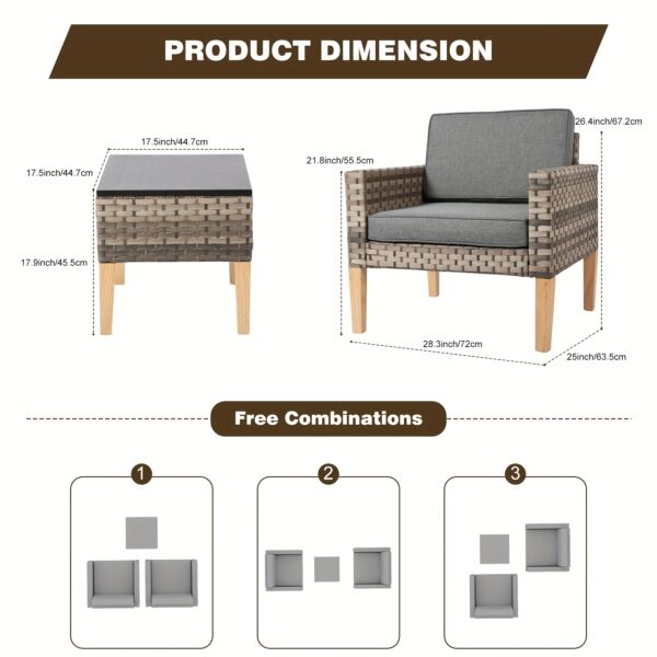 3pcs Wicker Bistro Set, Outdoor Conversation Furniture Set With Side Table& Cushions, Rattan Patio Furniture Set For Garden, Backyard, Porch, Poolside - Image 3