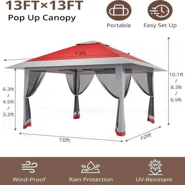 13x13ft Instant Pop-Up Gazebo with Mosquito Net & Double Roof, Adjustable Height UV-Resistant Canopy Tent, Red & Light Gray Outdoor Shelter for Patio, Backyard, Camping, Garden, Outdoor Tent Canopy, Patio Shelter, Elegant Patio Cover, Outdoor Canopy, Foldable Gazebo, Lightweight Tent, Outdoor Shade, Outdoor Enthusiasts - Image 4