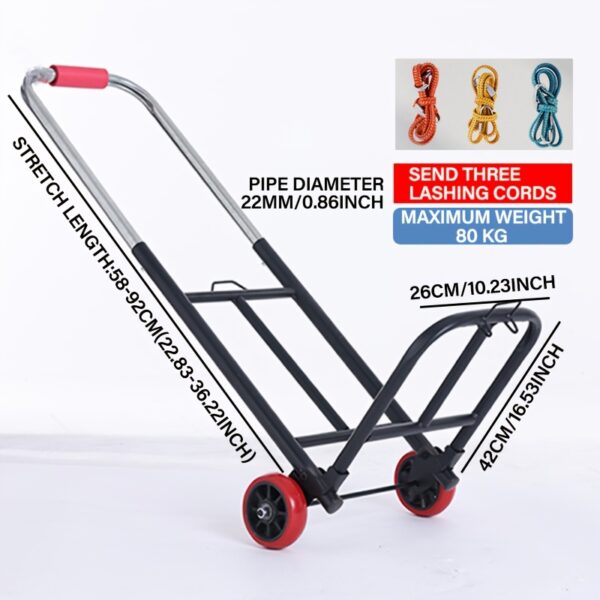 [Heavy-Duty Luggage Trolley] 130kg Max Load Heavy-Duty Folding Luggage Trolley, Metal & Silicone | Portable Shopping Cart Pulling Truck, 28mm Pipe Diameter, 160cm Stretch Length, with 3 Lashing Cords
