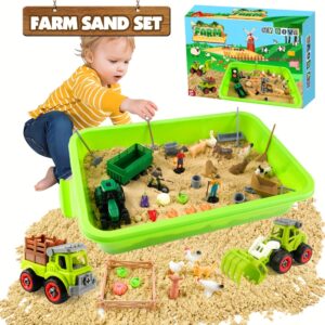 Farm Sensory Bin Toys Playset, DIY Farm Craft Toys, Sandboxes with 2.2lbs Sensory Play Sand, Farmer Tractor & Farm Animals Figures Toys for Kids 3 4 5 6 7 Years Old, Preschool Learning Activities Gifts