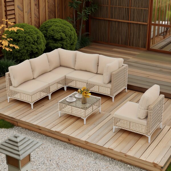 7pcs Outdoor Rattan Sofa Set with Coffee Table, Waterproof Seat Cushion, All-weather Seating - Suitable for Patios, Gardens, Poolside Outdoor Furniture - Image 2