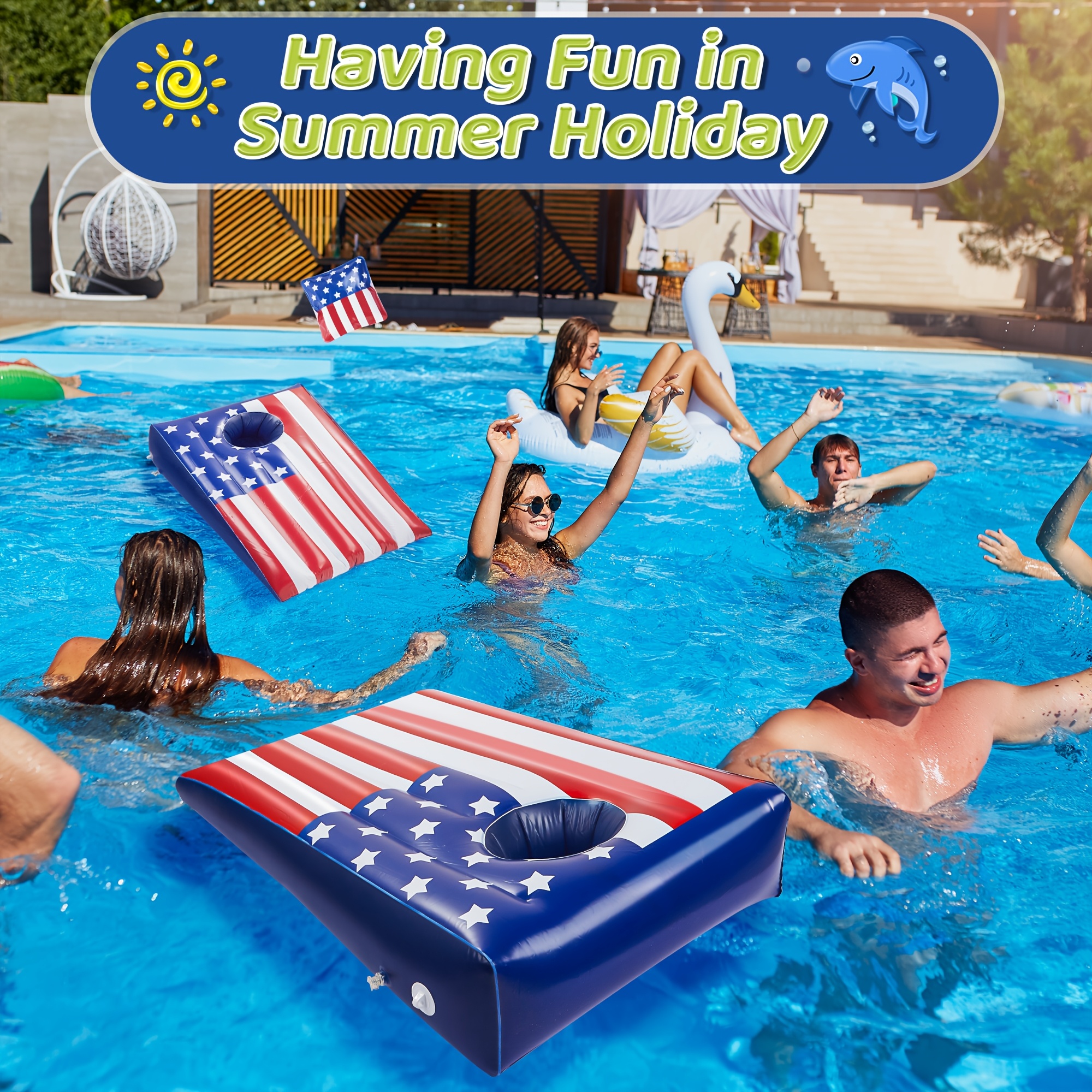 Pool Cornhole Inflatable Bean Bag Toss Game 2 Sets, Independence Day Swimming Pool Game for Teens, Adults and Family, American Flag Theme Water Floating Cornhole Toy with 8 Bean Bags for Party Packs - Image 2