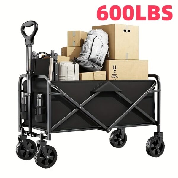 [Heavy Duty Hand Truck] 1pc Heavy Duty Foldable Hand Truck | 330/450/600 lbs Load Capacity, All-terrain Wheels, 27.56'' Interior Space | Great for BBQ, Outdoor Activities, Pet Transport, Beach, Lawn, Camping and Shopping - Black - Image 9
