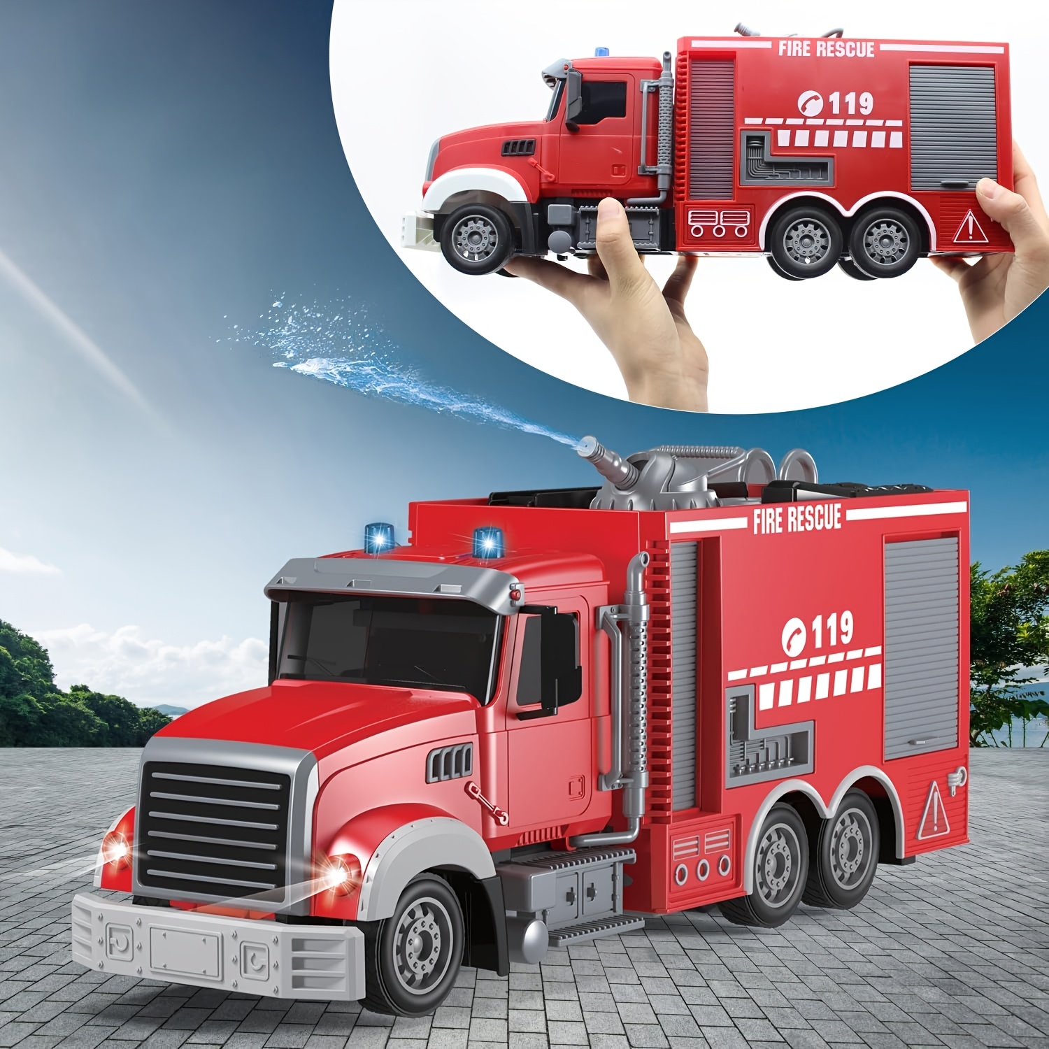 Remote Control Fire Truck, Water Cannon Fire Truck, RC Construction Truck Toys - 180° Spray Function, Auto Demonstration, with Battery, Birthday Gift for Boys And Girls Over 6-12 Years Old - Image 3