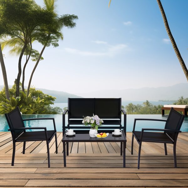 HARAISEDK 4pcs Patio Chair Set Outdoor Only Garden Patio Conversation Sets Poolside Chairs With Tempered Glass Coffee Table Loveseat Porch Outdoor Textilene Fabric Black - Image 11