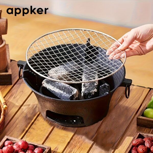 APPKER Cast Iron Charcoal Stove Set - Versatile Round Heating Grill with Lid, Folding Handles, and Grate - Perfect for BBQ, Outdoor Cooking, and Kitchen Use - Black, Charcoal Grill - Image 4