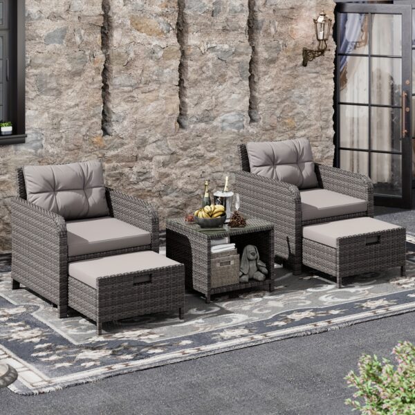[Outdoor Lounge Chairs] 5pcs PE Wicker Rattan Patio Conversation Set | Balcony Furniture with Soft Cushions, 2 Ottoman, Glass Table for Porch