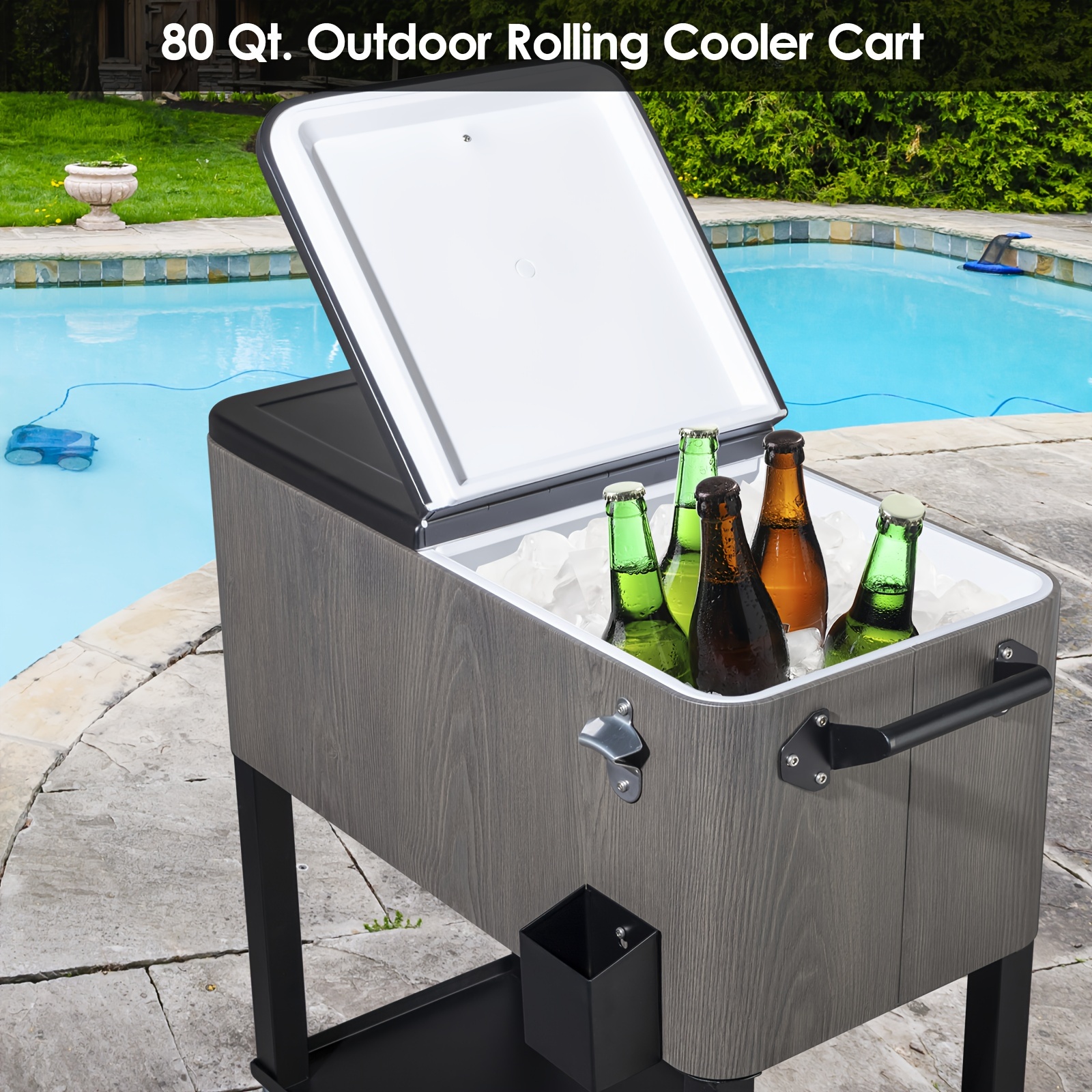 Commercial-Grade Outdoor Grey Wood-Grain Insulated Cooler Cart - Ice Retention for Up to 48 Hours - For Market Stalls & Camping - Durable & Spacious - Ideal Gift for Outdoor Enthusiasts - Image 6