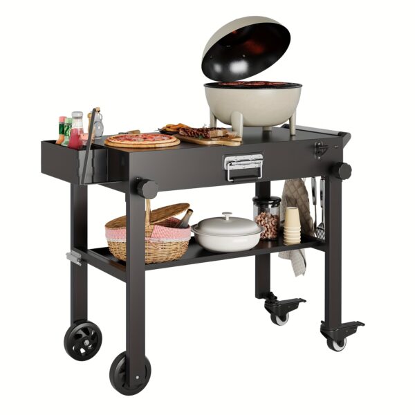 Heavy-Duty Iron Outdoor Folding Dining Cart - Foldable Portable Grill Cart with 4 Swivel Casters, 500lb Capacity, All-Terrain Wheels & Storage Basket for Camping, Picnics, Tailgating, Picnic Essentials, Foldable Design, Robust Construction - Image 2