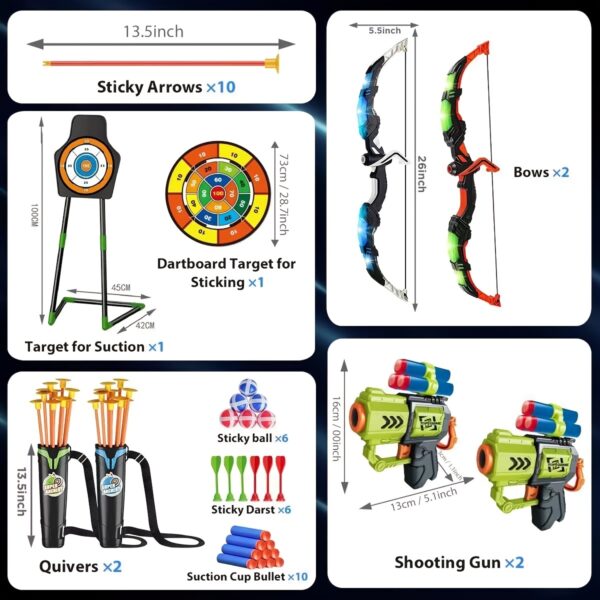 VATOS 2 Pack Bow and Arrow Toy for 5 6 7 8 9 10 11 Year Old Boys Girls, Light Up Archery Toy With Cup Suction Standing Target & 29 IN Dart Board, Indoor Outdoor Activity Toys Birthday - Image 2
