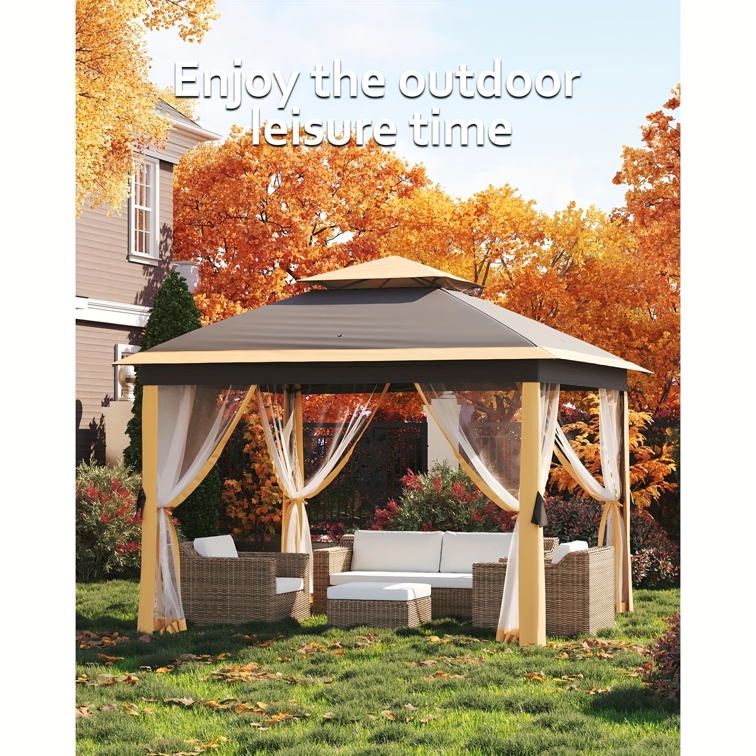 11x11ft Pop Up Gazebo Tent With Mosquito Netting, Outdoor Canopy Shelter Easy Setup, Water & UV Resistant - Khaki