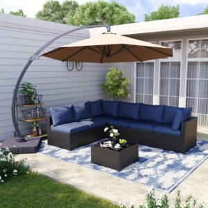 3 - 8pcs Outdoor Sectional Patio Furniture Set with Patio Umbrella/Outdoor Fire Pit | L-Shaped Wicker Rattan Conversation Set | 4" Thick Waterproof Cushions for All-Weather Seating - Patio Furniture Outdoor for Deck, Garden, Poolside