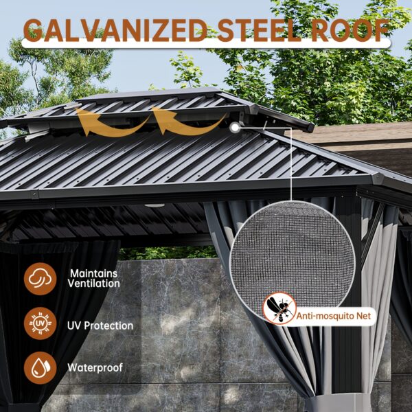 10'x12' Hardtop Gazebo with Aluminum Frame, Double Galvanized Steel Roof, Netting & Curtains, Outdoor Pavilion for Backyard, Patio & Deck - Image 6