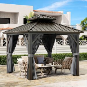 10x10ft Galvanized Steel Hardtop Gazebo with Heavy-Duty Double Roof, Waterproof Netting & Curtains - Outdoor Patio Backyard Deck Lawn Shade Shelter, Mixed Color, Gazebo Curtains Outdoor