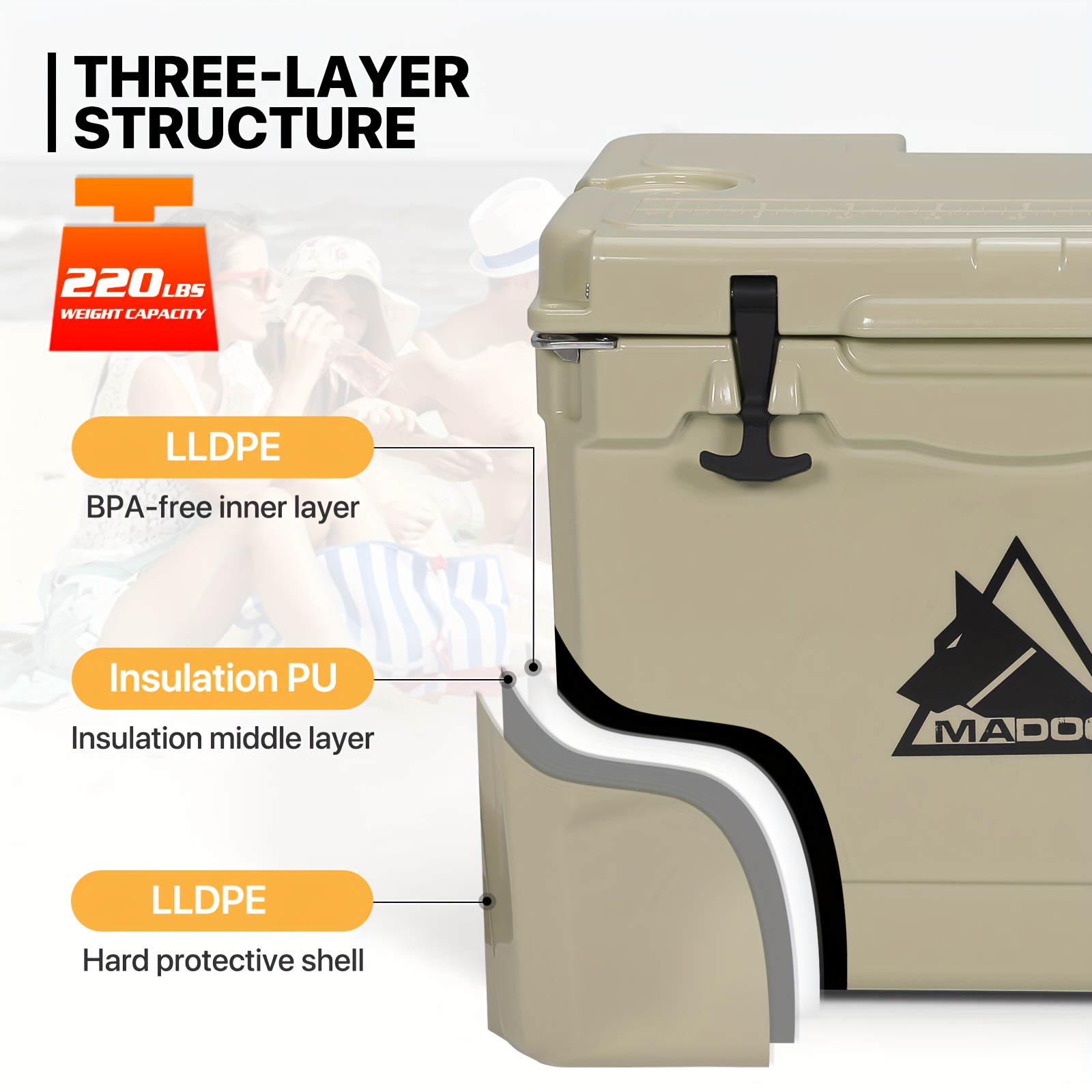 72 Can 42 Quart Towable Ice Chest with Wheels and Cup Holder, Outdoor Picnic Camping Hard Cooler - Image 10