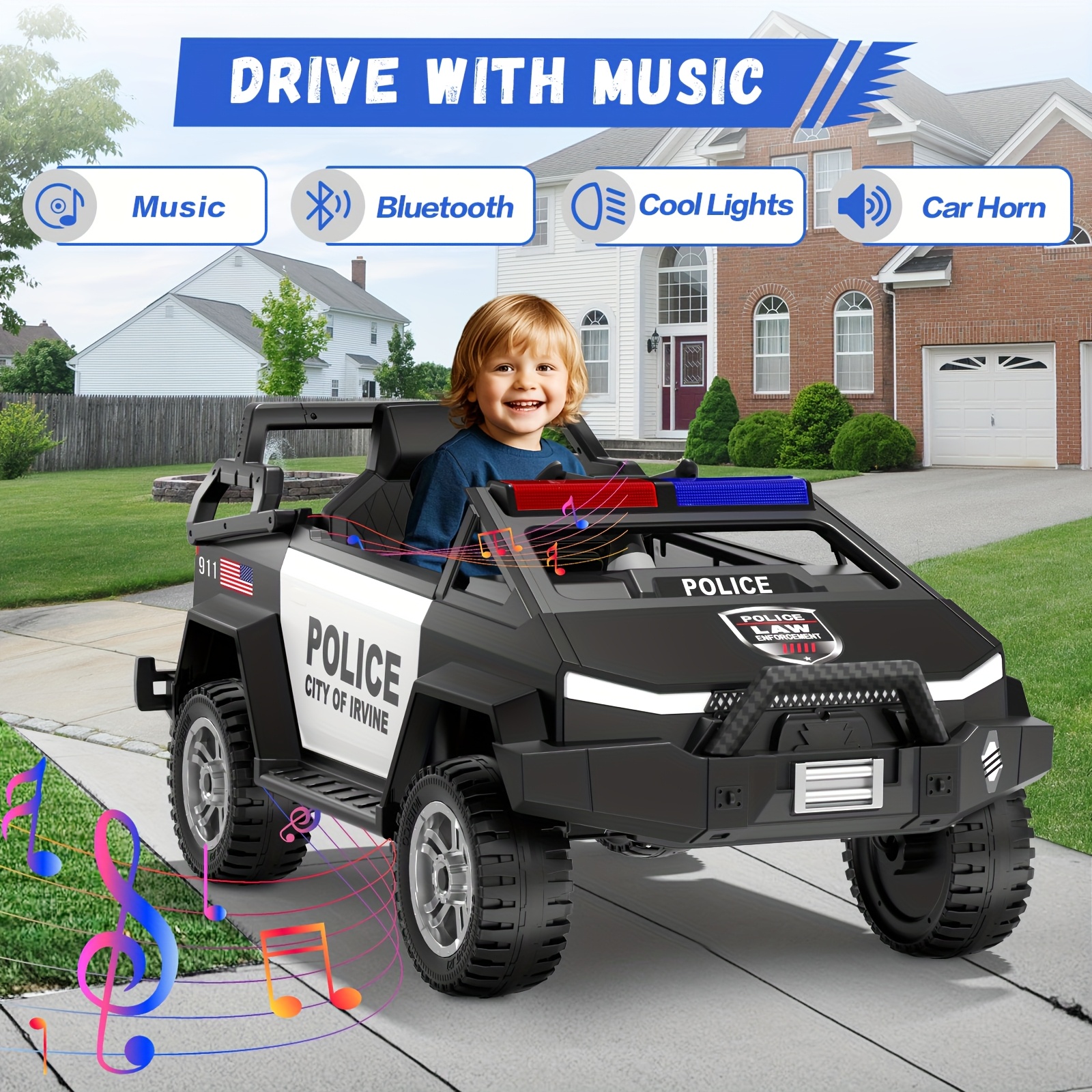 24V Youngsters' Remote-Controlled Police Car with Remote Control, Alarm, Flashing, Music, Spring Suspension, Suitable for 3-8-year-old Girls and Boys' Birthdays or Various Holiday Gifts - Image 6