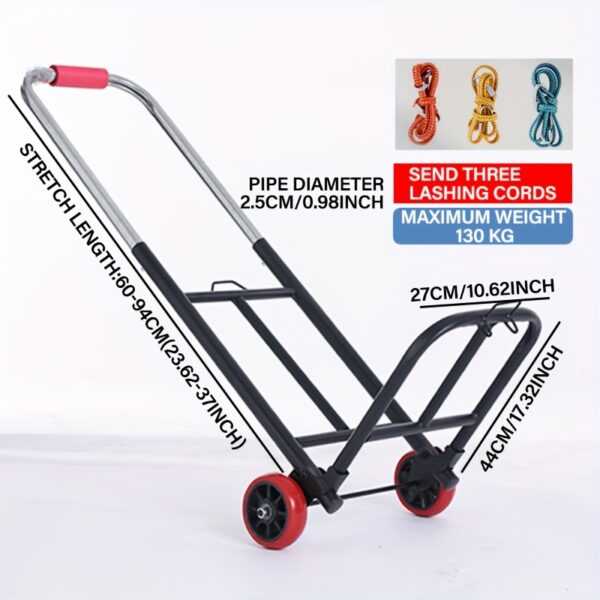 [Heavy-Duty Luggage Trolley] 130kg Max Load Heavy-Duty Folding Luggage Trolley, Metal & Silicone | Portable Shopping Cart Pulling Truck, 28mm Pipe Diameter, 160cm Stretch Length, with 3 Lashing Cords - Image 3