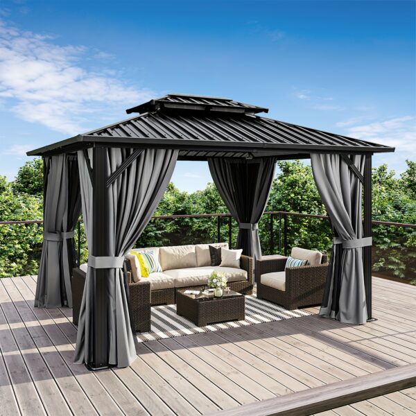 10'x12' Hardtop Gazebo with Aluminum Frame, Double Galvanized Steel Roof, Netting & Curtains, Outdoor Pavilion for Backyard, Patio & Deck - Image 2
