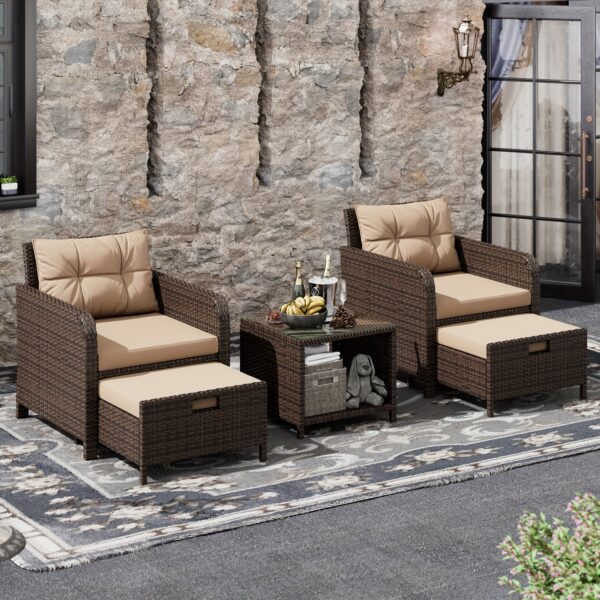 [Outdoor Lounge Chairs] 5pcs PE Wicker Rattan Patio Conversation Set | Balcony Furniture with Soft Cushions, 2 Ottoman, Glass Table for Porch - Image 4