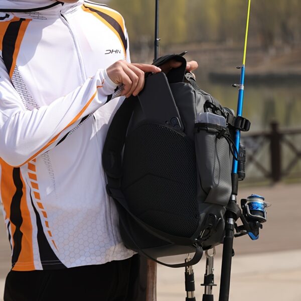 [Premium Fishing Backpack] Lightweight, Premium Moire 1pc Fishing Backpack with Rod Holder | Spacious Storage for Fishing Gear - Ideal for Camping and Hiking Enthusiasts - Image 11