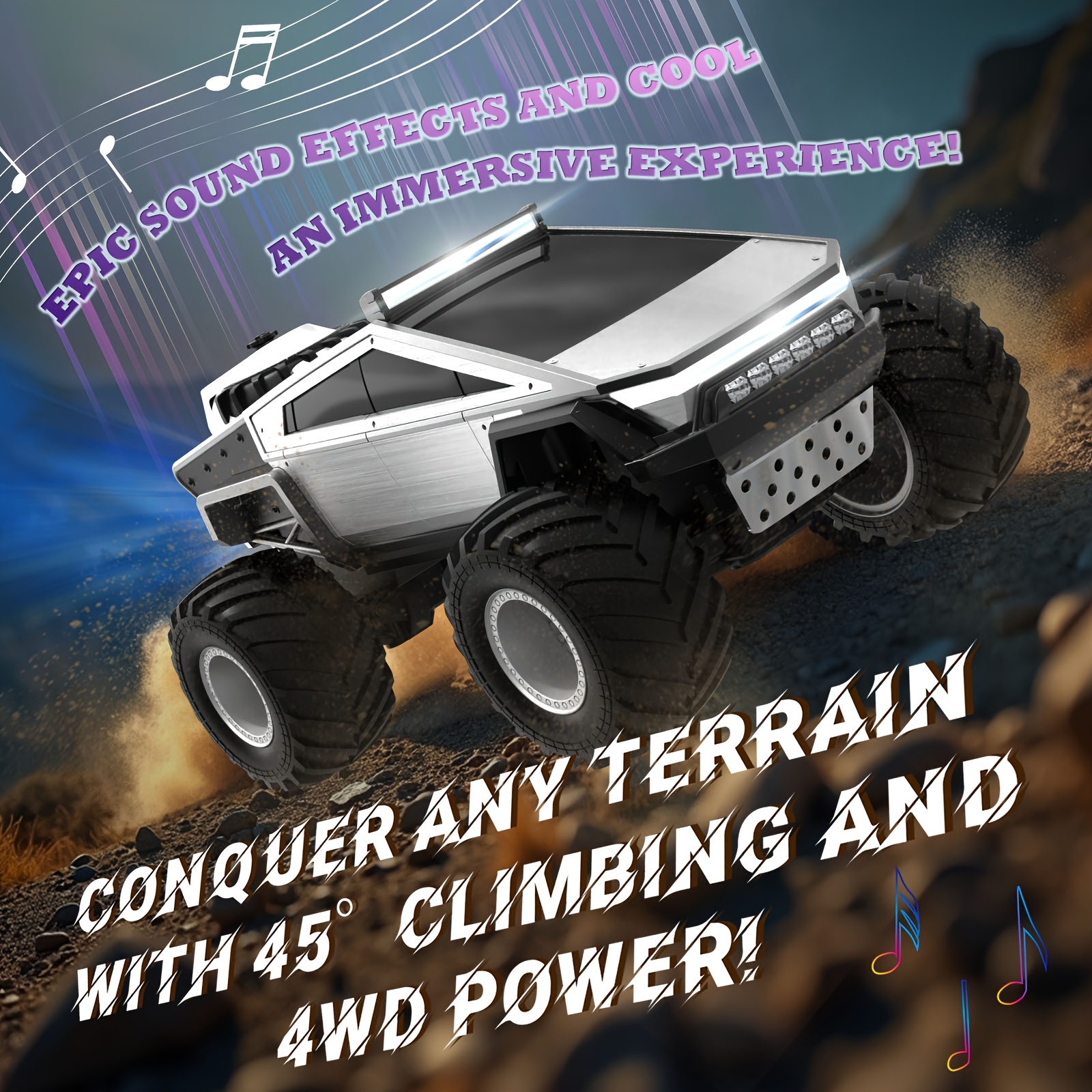 All-Terrain Remote Control Monster Truck Toy, 2, 4Ghz 4WD Off-Road Vehicle with LED Lights, Music And Excellent Grip Large Wheels, Birthday, Christmas, Halloween Gift for Boys And Girls Over - Image 4