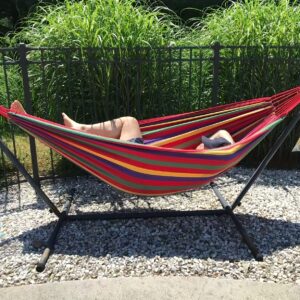 [1-Pack Heavy-Duty Hammock] 1-Pack Heavy-Duty 330lb Capacity Colorful Cloth Hammock | Durable Polyester, Tree-Friendly Straps, Portable Storage Bag, Anti-Flip, Weatherresistant, Reinforced Stitching | Outdoor, Camping, Indoor Relaxation, Camping Essential, Vibrant Design, Backyard Lounging, Stylish Lounging, Outdoor Enthusiasts