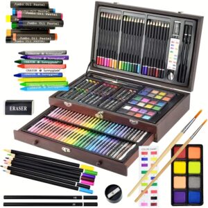 145pcs Of Luxurious Art Sets, Including Wooden Boxes And Painting Tool Kits. Each Set Contains Crayons, Oil Pastels, Colored Pencils, Watercolor Paints, Sketching Pencils, Paintbrushes, Pencil Sharpeners, Erasers, And Color Cards. They Are Perfect As Easter Gifts.