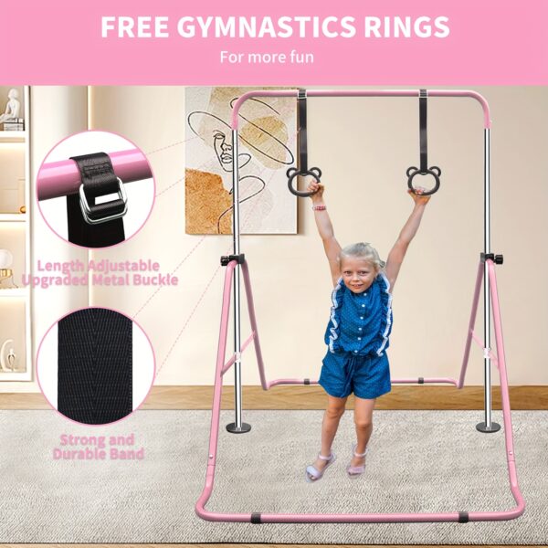 Adjustable Height Kids Monkey Bars with Bear Rings - Foldable Multifunctional Gymnastics Bar for Strength & Balance Training, Heavy-Duty Steel Home Gym Equipment with Non-Slip Base & 110 lbs Capacity, Space-Saving Design for Toddlers & Children (Purple/Green/Blue), Indoor Playset, Playful Design, Sturdy Construction - Image 12