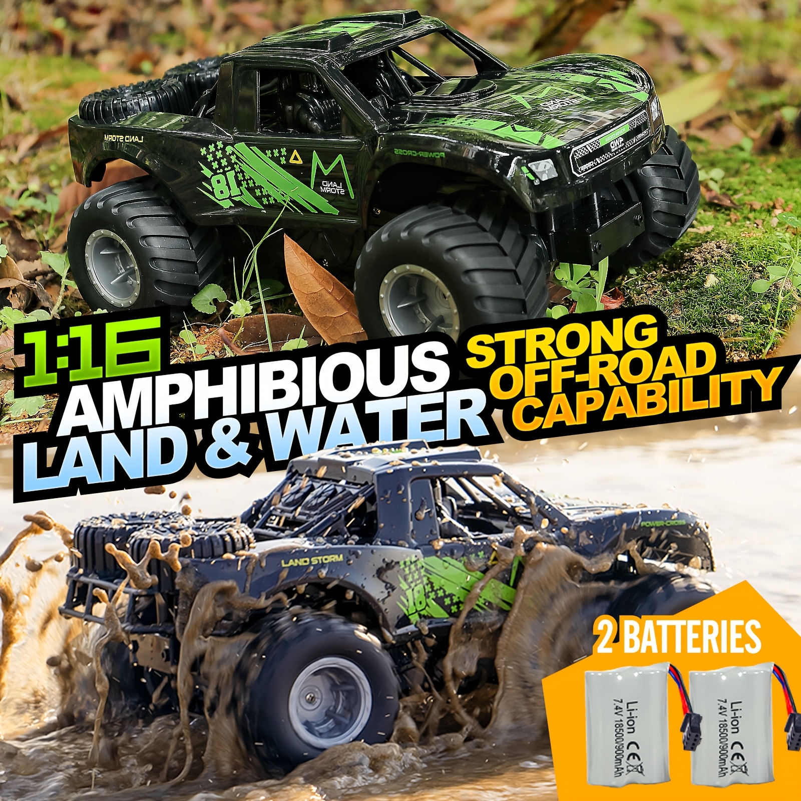Amphibious RC Monster Truck - 1:16 Scale, 4WD Off-Road Capability,, Includes 2 Rechargeable Batteries, Durable Plastic Body, Ideal Gift for Boys Ages 4-7, Outdoor Play Vehicle|Sporty Design|Rechargeable Toy, NIHO TECH - Image 2