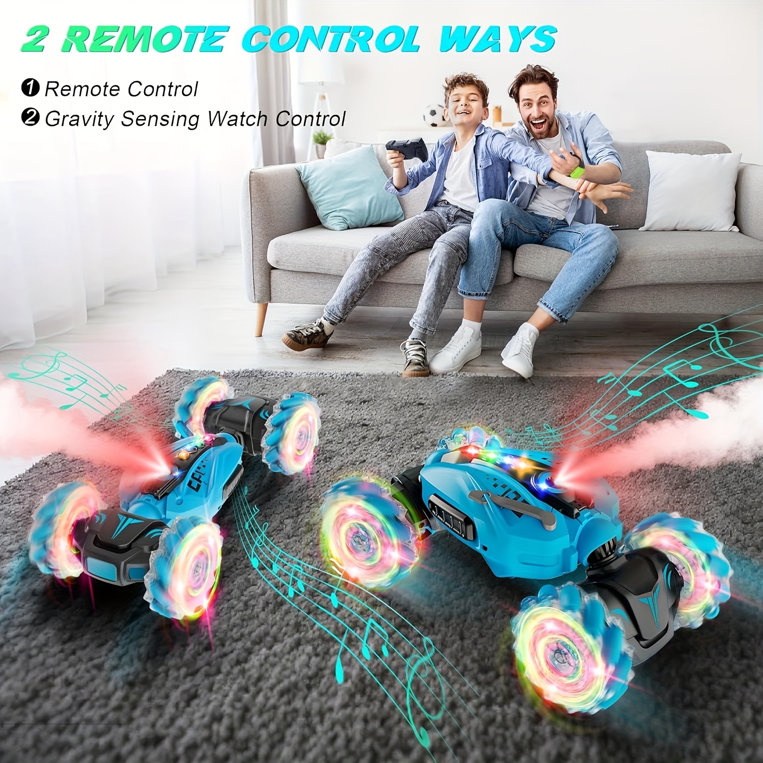 Remote Control Stunt Car With Gesture Control, Double-Sided Driving Toy With 360° Rotation, Large 4WD Remote Control Car, Great For Holiday Christmas Birthday Gifts, All-Terrain Remote Control Car With Spraying Function (Blue) - Image 2