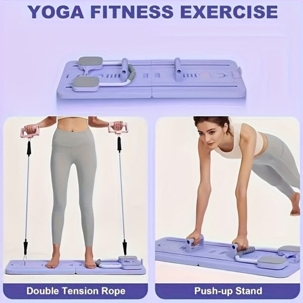 An 8-in-1 multifunctional abdominal board available in three colors, designed for core strength training and Pilates - a foldable portable home gym equipment with adjustable resistance bands, push-up bars, and straps. Includes multiple fitness tools - Image 8