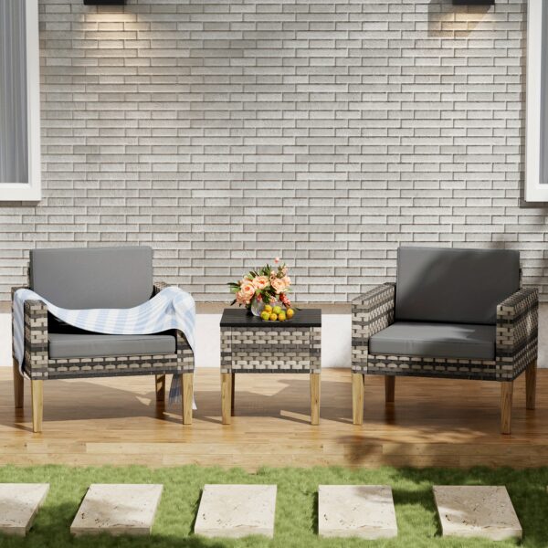 3pcs Wicker Bistro Set, Outdoor Conversation Furniture Set With Side Table& Cushions, Rattan Patio Furniture Set For Garden, Backyard, Porch, Poolside - Image 2