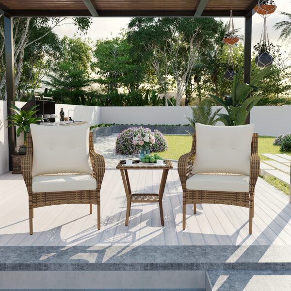 3pcs Patio Furniture Set, Outdoor Furniture With Soft Cushion And Glass Table, All-Weather Manual Weaving Wicker Rattan Patio Chairs For Garden, Backyard, Porch, Poolside