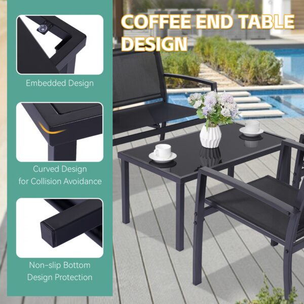 HARAISEDK 4pcs Patio Chair Set Outdoor Only Garden Patio Conversation Sets Poolside Chairs With Tempered Glass Coffee Table Loveseat Porch Outdoor Textilene Fabric Black - Image 6