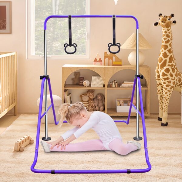 Adjustable Height Kids Monkey Bars with Bear Rings - Foldable Multifunctional Gymnastics Bar for Strength & Balance Training, Heavy-Duty Steel Home Gym Equipment with Non-Slip Base & 110 lbs Capacity, Space-Saving Design for Toddlers & Children (Purple/Green/Blue), Indoor Playset, Playful Design, Sturdy Construction - Image 4