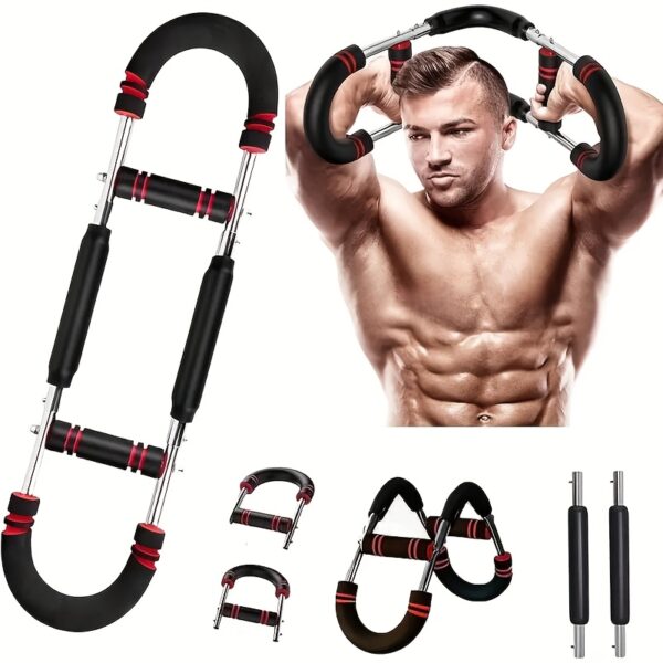 U-Shaped Multifunctional Adjustable Arm Strength Trainer, Triceps and Chest Fitness Equipment with 2-Level Spring Resistance Bands, Detachable Design, Comfort Grip, 60-100 lbs Home Gym Gear - Image 3