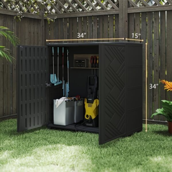 [Plastic Storage Cabinet] TARKARI Indoor Outdoor Plastic Storage Cabinet 34 "x15 "x34" With 1 Shelf, Outdoor Storage Shed For Living Room, Hallway, Balcony, Garage, Garden, Black/White - Image 3