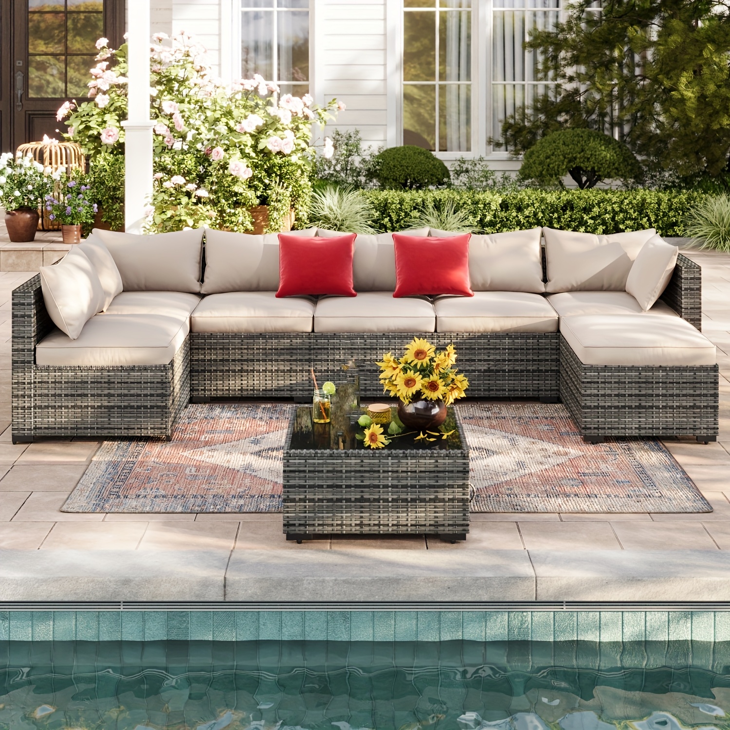 8pcs Modern Outdoor Patio Furniture Set, Rattan Sectional Sofa with Metal Top and Extra Deep Seats, Grey, Patio Seating Set|Modern Outdoor Sofa|Woven Rattan Material - Image 4