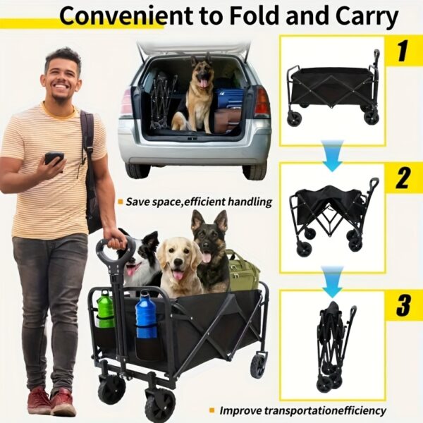 [Heavy Duty Hand Truck] 1pc Heavy Duty Foldable Hand Truck | 330/450/600 lbs Load Capacity, All-terrain Wheels, 27.56'' Interior Space | Great for BBQ, Outdoor Activities, Pet Transport, Beach, Lawn, Camping and Shopping - Black - Image 6
