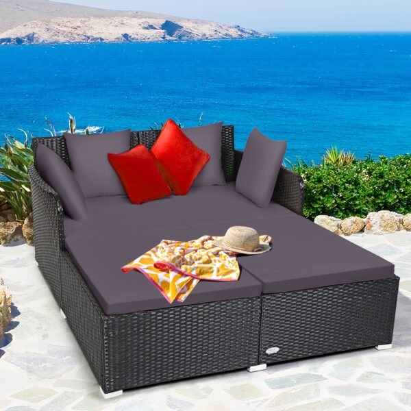 [Weather-Resistant | Rattan] Costway 2-Person Weather-Resistant Rattan Daybed with Cushions and Pillows | Modern Outdoor Sofa | Durable Patio Furniture, 800 lbs Capacity, Turquoise & Red Accents, Includes Instruction Manual - Image 3