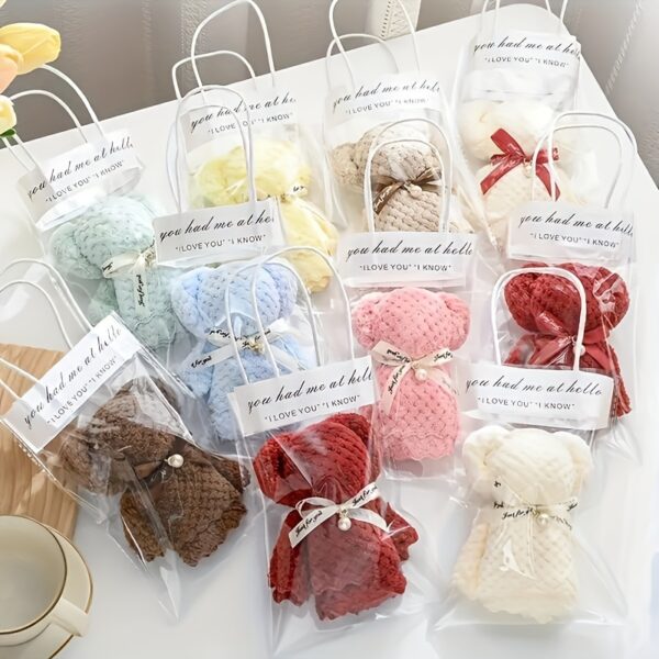 24pcs Cute Bear Towel Gift Set with Transparent Bags & Ribbon - Perfect for Weddings, Birthdays, Mother'S Day & Christmas Party Favors (12pcs Towel Bear + 12pcs Tote Bags), Gift Packaging|Playful Bear Design|Gift Bags