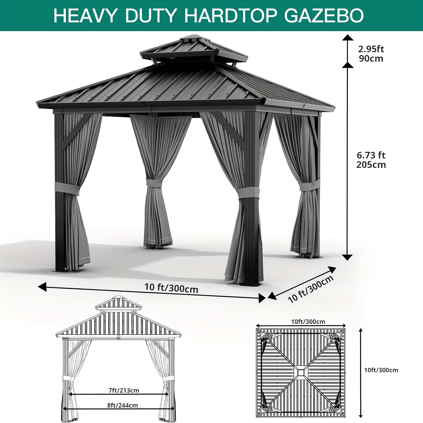 10x10ft Galvanized Steel Hardtop Gazebo with Heavy-Duty Double Roof, Waterproof Netting & Curtains - Outdoor Patio Backyard Deck Lawn Shade Shelter, Mixed Color, Gazebo Curtains Outdoor - Image 3