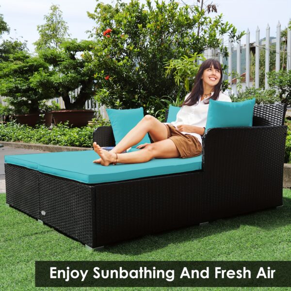 [Weather-Resistant | Rattan] Costway 2-Person Weather-Resistant Rattan Daybed with Cushions and Pillows | Modern Outdoor Sofa | Durable Patio Furniture, 800 lbs Capacity, Turquoise & Red Accents, Includes Instruction Manual - Image 6