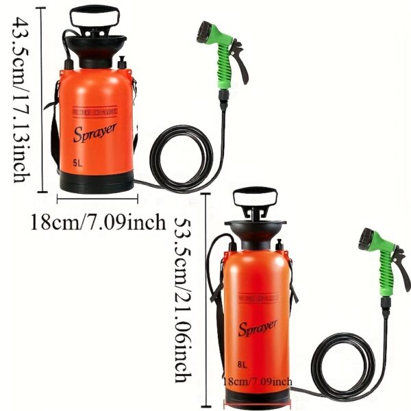 [Portable Sprayer] SPRAVER 1.3/2 Gallon High-Pressure Sprayer | Portable Camping Shower with 7 Spray Modes, Removable Hose & Shower Head - Ideal for Outdoor Travel, Hiking, and Pet Bathing - Orange Plastic Design - Image 4