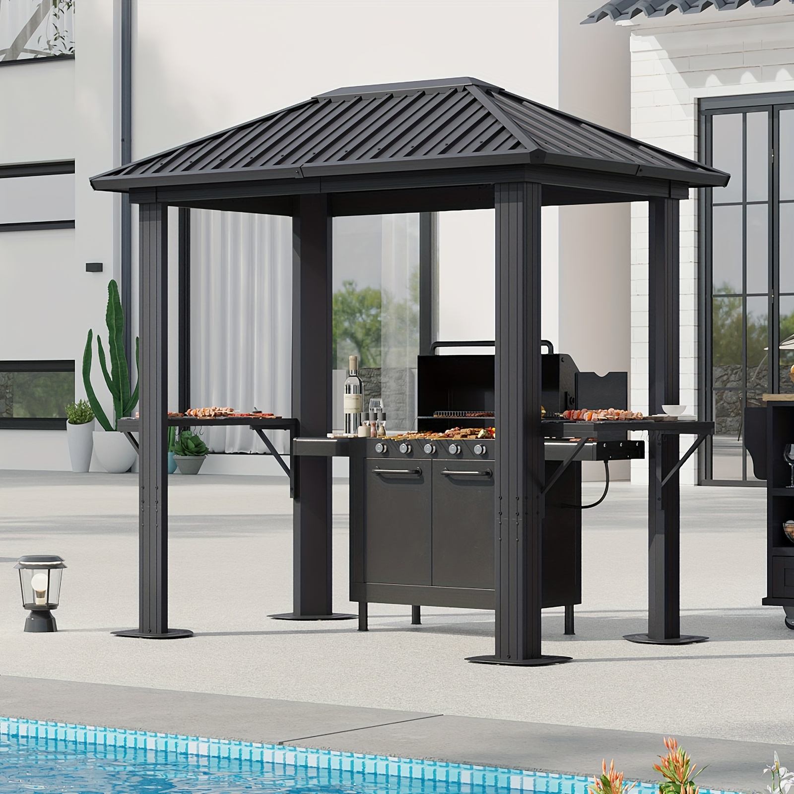 Oneinmil 8 X 5FT Hardtop Grill Gazebo With Double Polycarbonate Roof/Metal Roof - Outdoor Grill Gazebo, Heavy-Duty Grill Shelter With Aluminum Frame, Patio Cover For Grilling & Dining, BBQ Gazebo For Outdoor Grill, Backyard, Patio, (On )