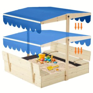 Sandbox with Lid, Kids Sandbox with Cover Outdoor, Wooden Sand Box with 2 Foldable Bench Seats, Adjustable UV-Resistant Roof & Bottom Liner, Sand Box for Kids Ages 2-8, Perfect for Backyard, Beach